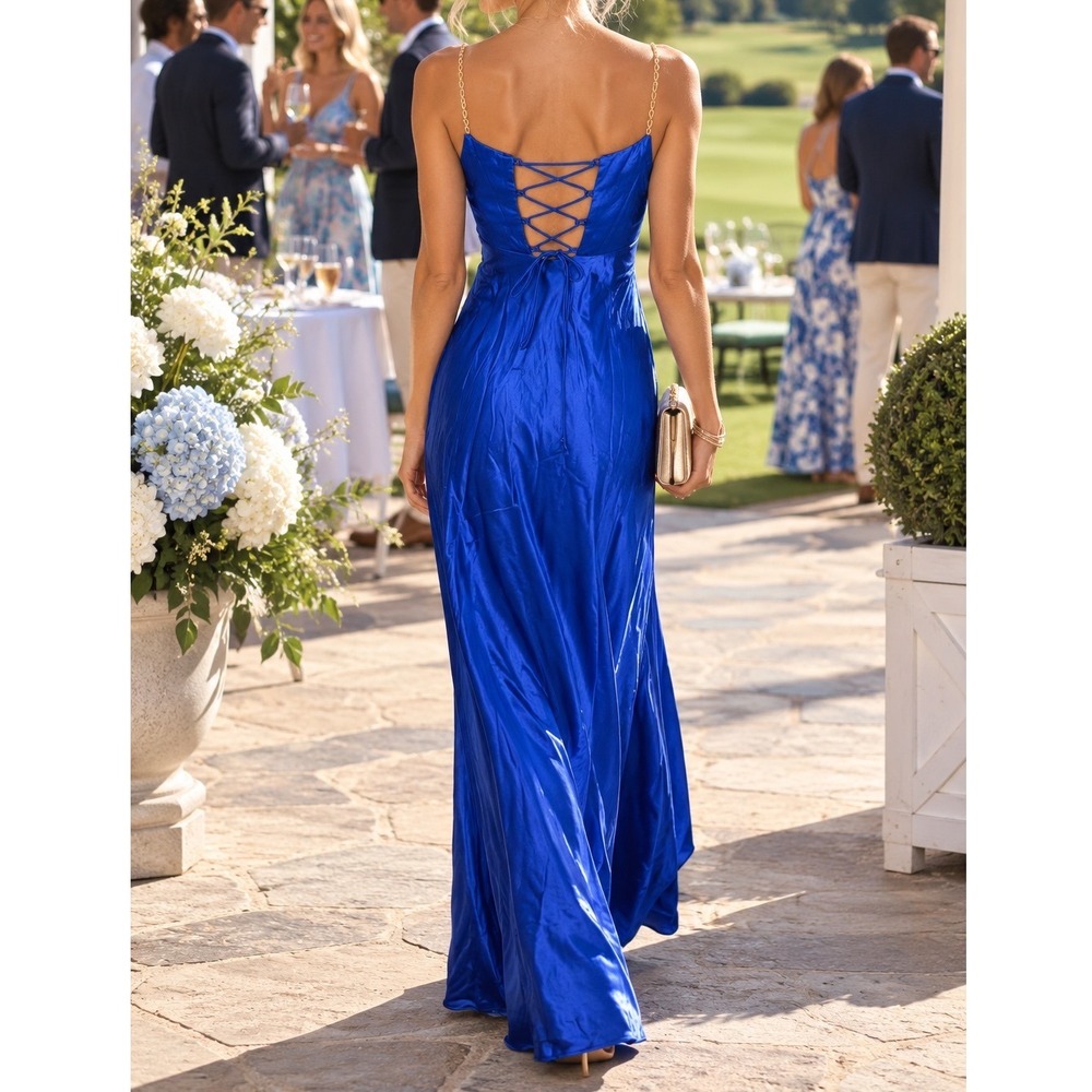 Vtg Zum Zum Royal Blue Satin Gown Rhinestone Straps Corset Back Prom Dress B5